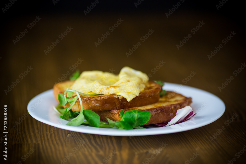 fried croutons in eggs with fried egg in a plate fried croutons in eggs with fried egg in a plate