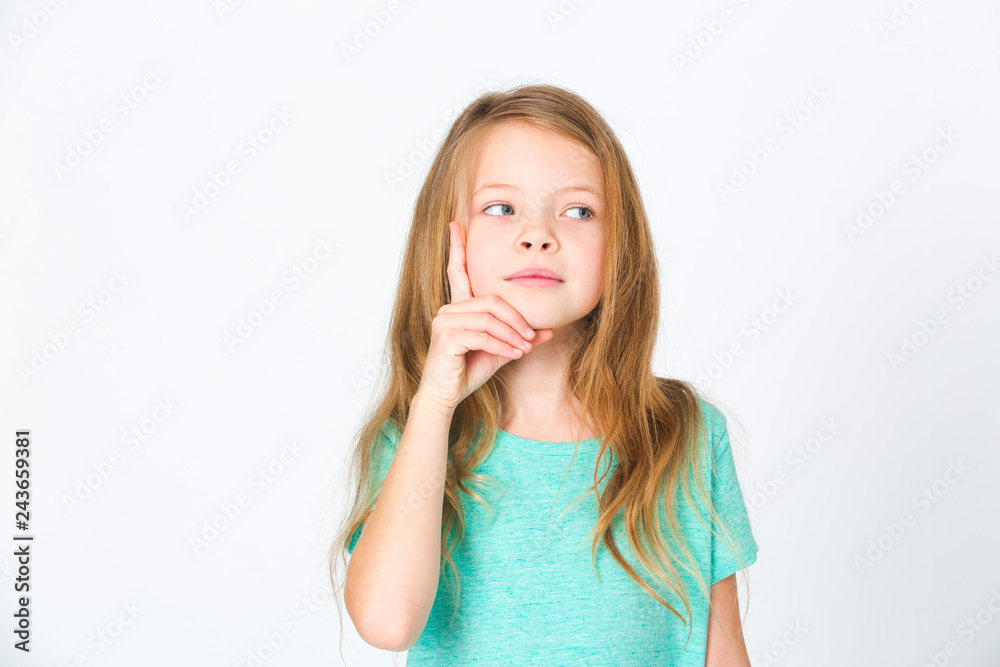 portrait of young pretty blonde girl thinking in front of white background portrait of young pretty blonde girl thinking in front of white background