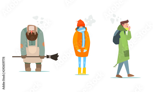 Warmly dressed people, janitor, girl and young man in winter clothes vector Illustration