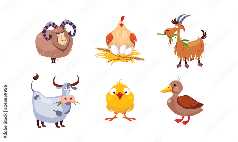Cute cartoon farm animals set, sheep, hen, goat, cow, duck, vector Illustration Cute cartoon farm animals set, sheep, hen, goat, cow, duck, vector Illustration