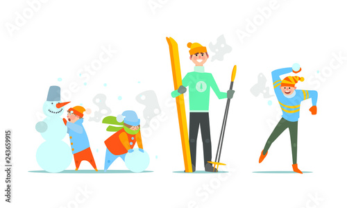 People performing winter activities, warmly dressed people skiing, playing snowballs, making snowman vector Illustration