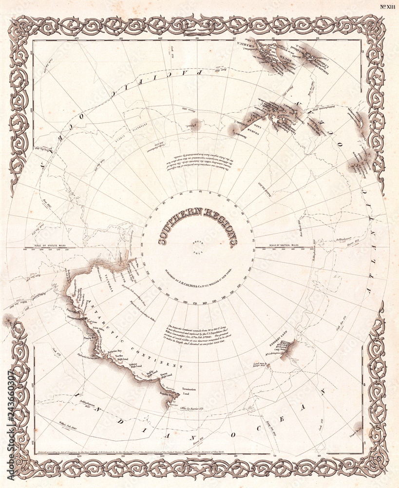 Obraz premium 1855, Colton Map of Antarctica, the South Pole, or the Southern Polar Regions