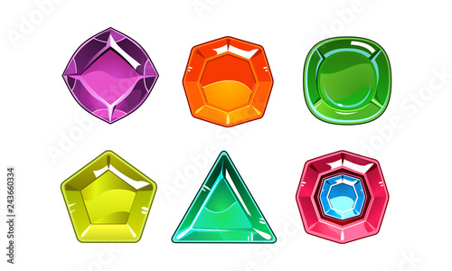 Cartoon vector set of 6 shiny gemstones of different shapes. Valuable stones. Gaming assets