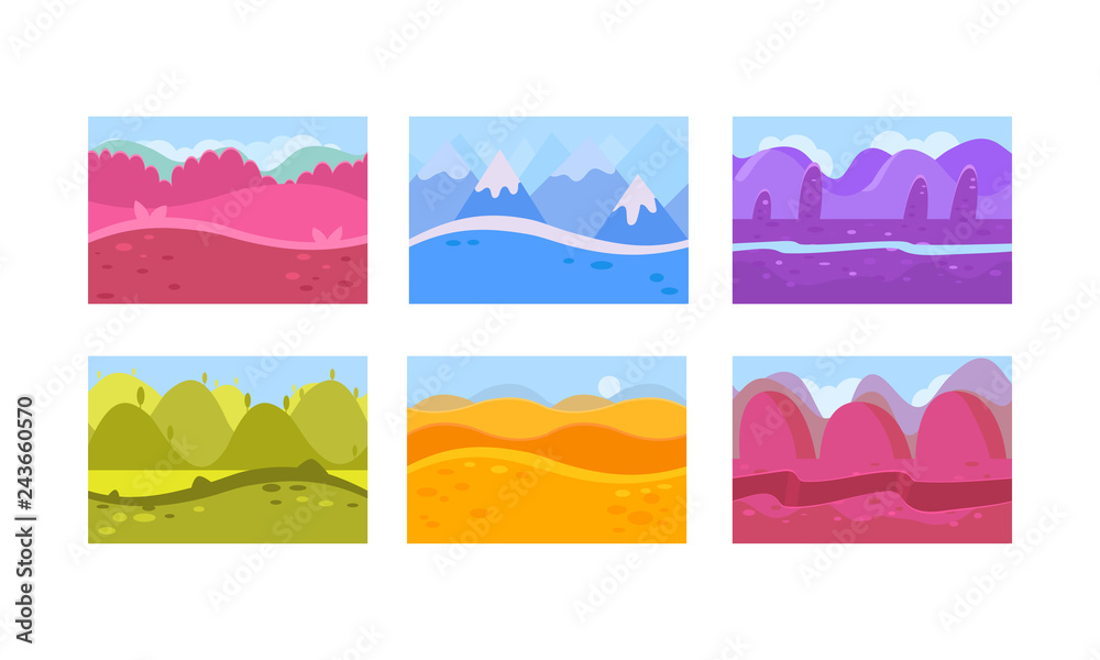 Flat vector set of seamless horizontal backgrounds for game. Abstract natural landscapes