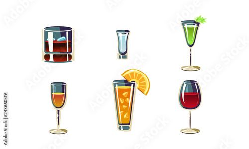 Cartoon vector set of alcoholic drinks in different glasses. Tasty cocktails. Elements for cafe or restaurant menu