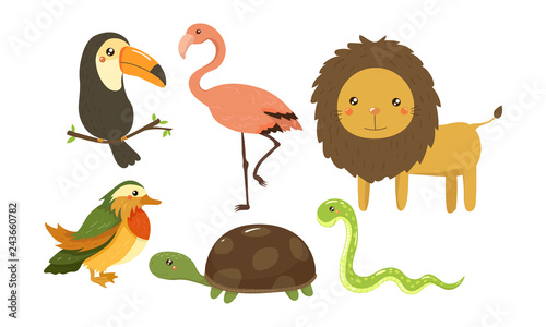 Wallpaper Mural Flat vector set of cute jungle animals and birds. African fauna. Wildlife theme. Elements for children room decor Torontodigital.ca