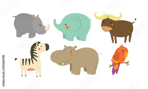 Set of African animals. Adorable cartoon characters. Wildlife theme. Flat vector elements for children book
