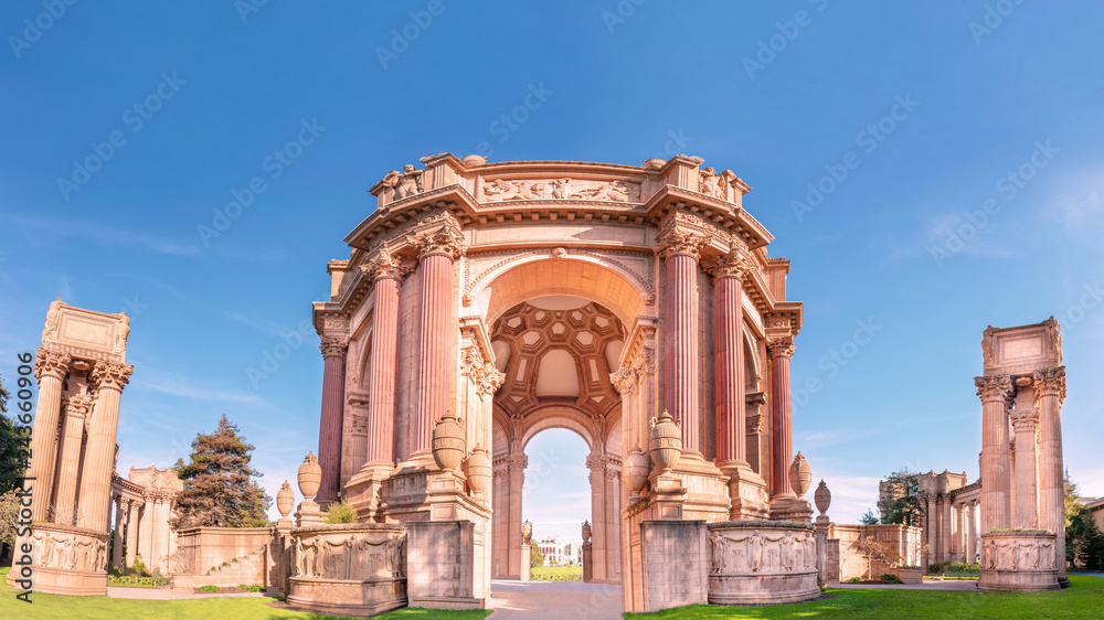 Palace of fine arts building at sunny day with clear sky. San Francisco famous landmark, California.