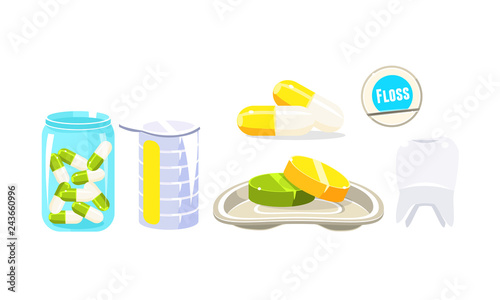Collection of oral care and hygiene products, pills, dental floss, dental procedure elements vector Illustration