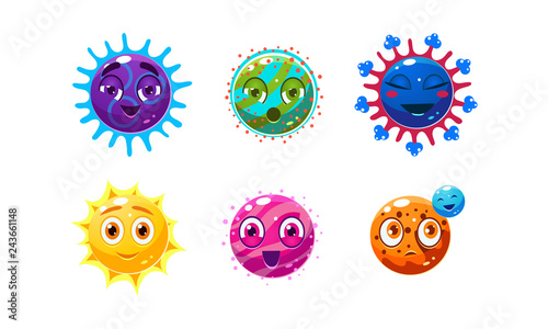 Collection of cute fantasy planets characters, colorful spheres with funny faces, user interface assets for mobile apps or video games vector Illustration