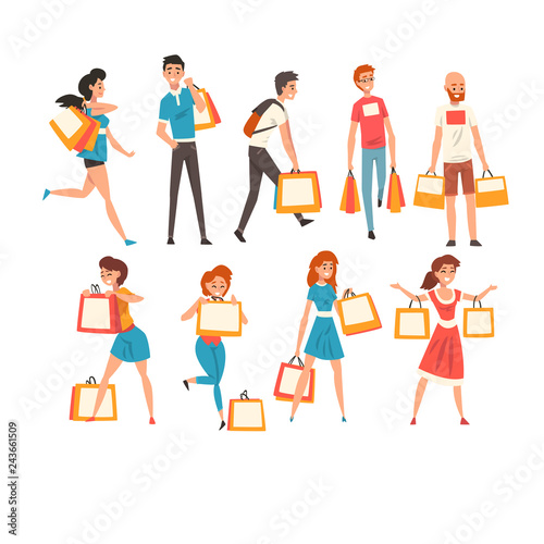 Collection of people with shopping bags, men and women enjoying shopping and purchasing of goods or gifts vector Illustration
