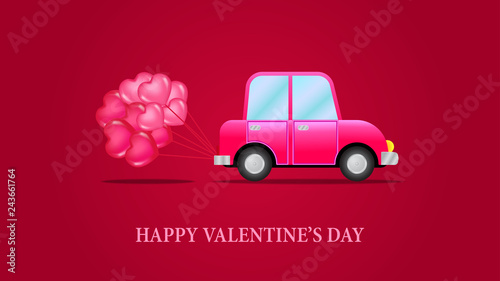 Pink car love ceremony for wedding romance or valentine's day. with hearth balloon on the red background