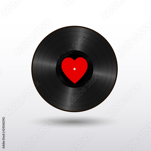 Realistic Black Vinyl Record with red heart label. Retro Sound Carrier isolated on white background