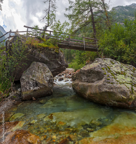 Among the coniferous vegetation, the impetuous waters of the river flows among the stones, in the verdant Valle Quarazza, on the slopes of the Monre Rosa in Piedmont, Italy. photo