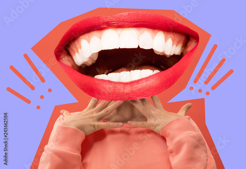 Collage in magazine style with happy emotions and female lips instead of head. emotional concept. Colorful background photo