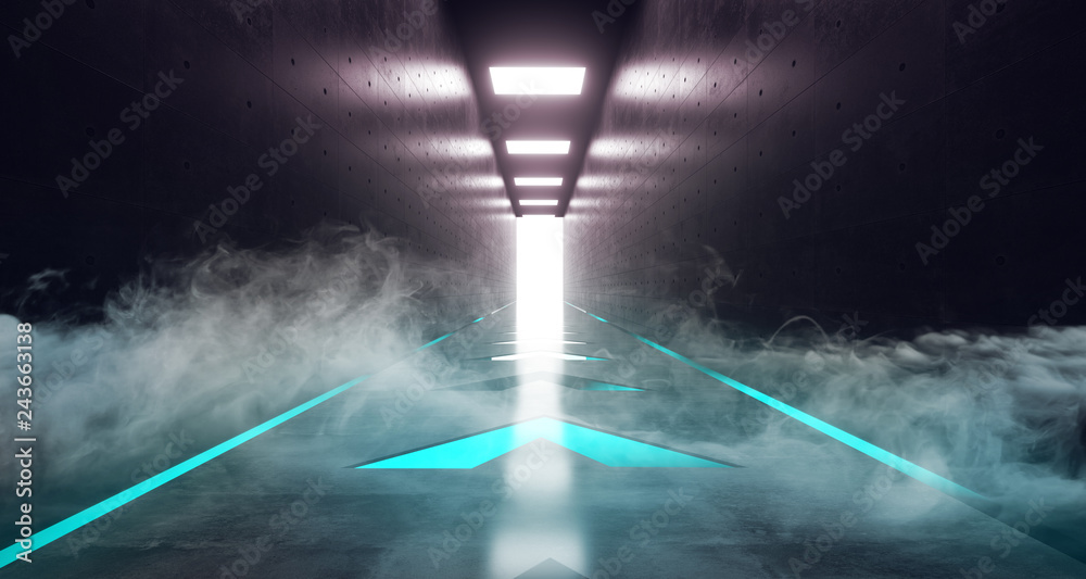 Sci Fi Futurism Modern Alien Abstract Neon Led Lights Glowing Blue White Lights Dark Empty Reflective Tunnel Corridor With Smoke And Fog 3D Rendering