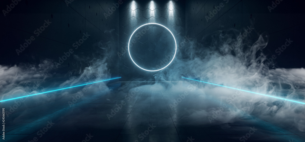Sci Fi Futuristic Dark Reflective Concrete Neon Glowing Blue Circle ...