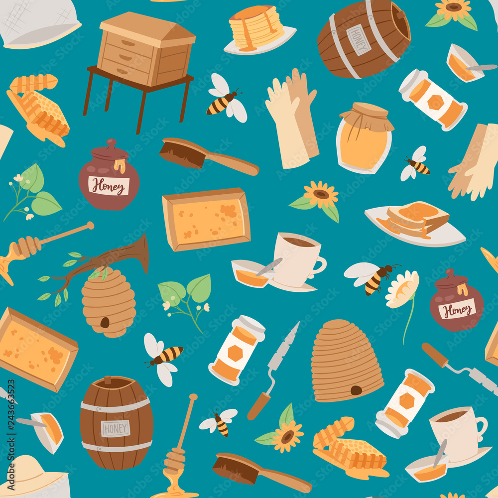 Bee hive seamless pattern beekeeper harvesting honey background vector illustration. Tee hot drinksweet food frame removal inspecting apiculture wallpaper. Bee hive seamless pattern beekeeper harvesting honey background vector illustration. Tee hot drinksweet food frame removal inspecting apiculture wallpaper.