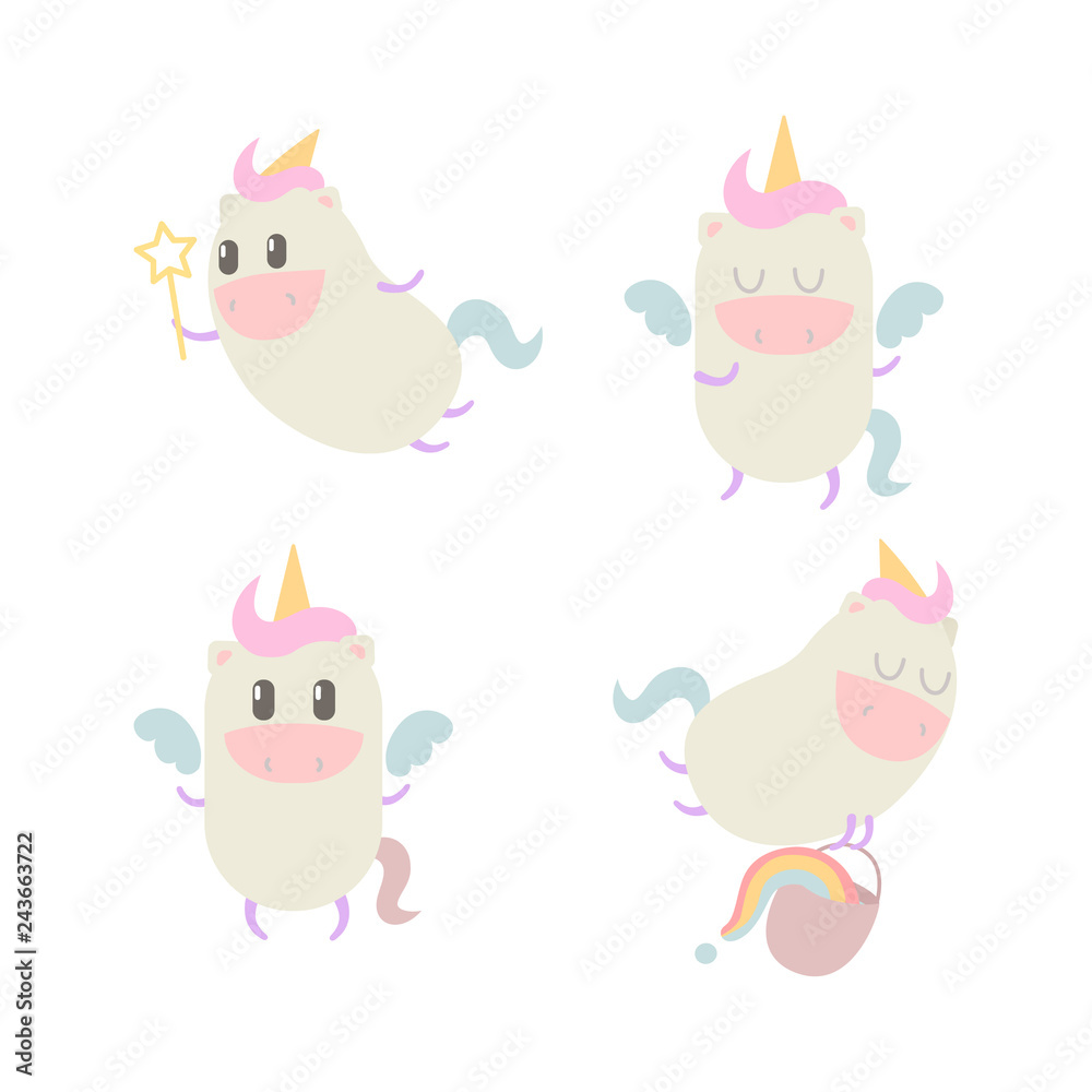 Naklejka premium Set of cute unicorns flying with a rainbow. EPS8 vector illustration