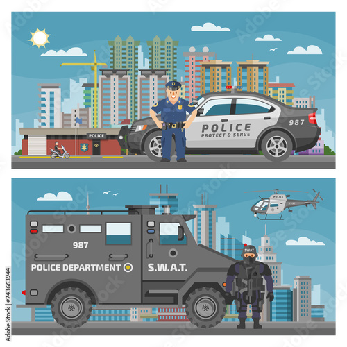 Police car vector policeman character and policy vehicle of policeman illustration backdrop set of police-officers transport and police-service auto van or truck cityscape background
