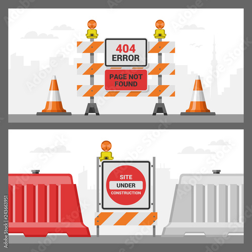 Error 404 page vector internet problem web warning message webpage not found illustration set of erroneous website failure roadwork backdrop alert site is broken service information road background