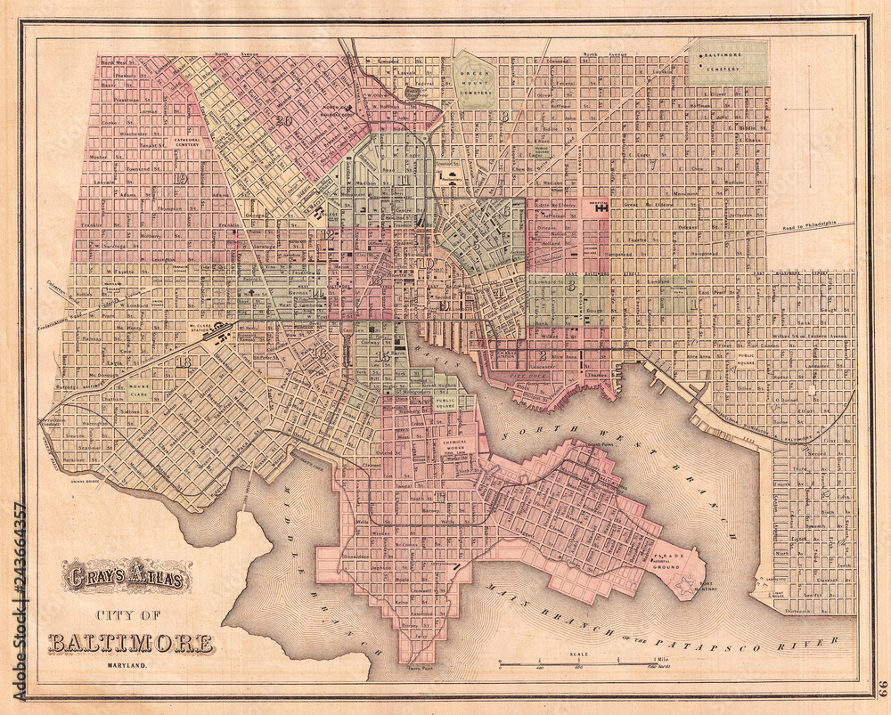 Fototapeta premium 1874, Gray Map of Baltimore, Maryland