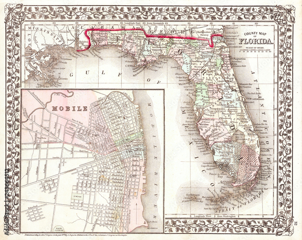 Fototapeta premium 1874, Mitchell Map of Florida w- Mobile, Alabama inset