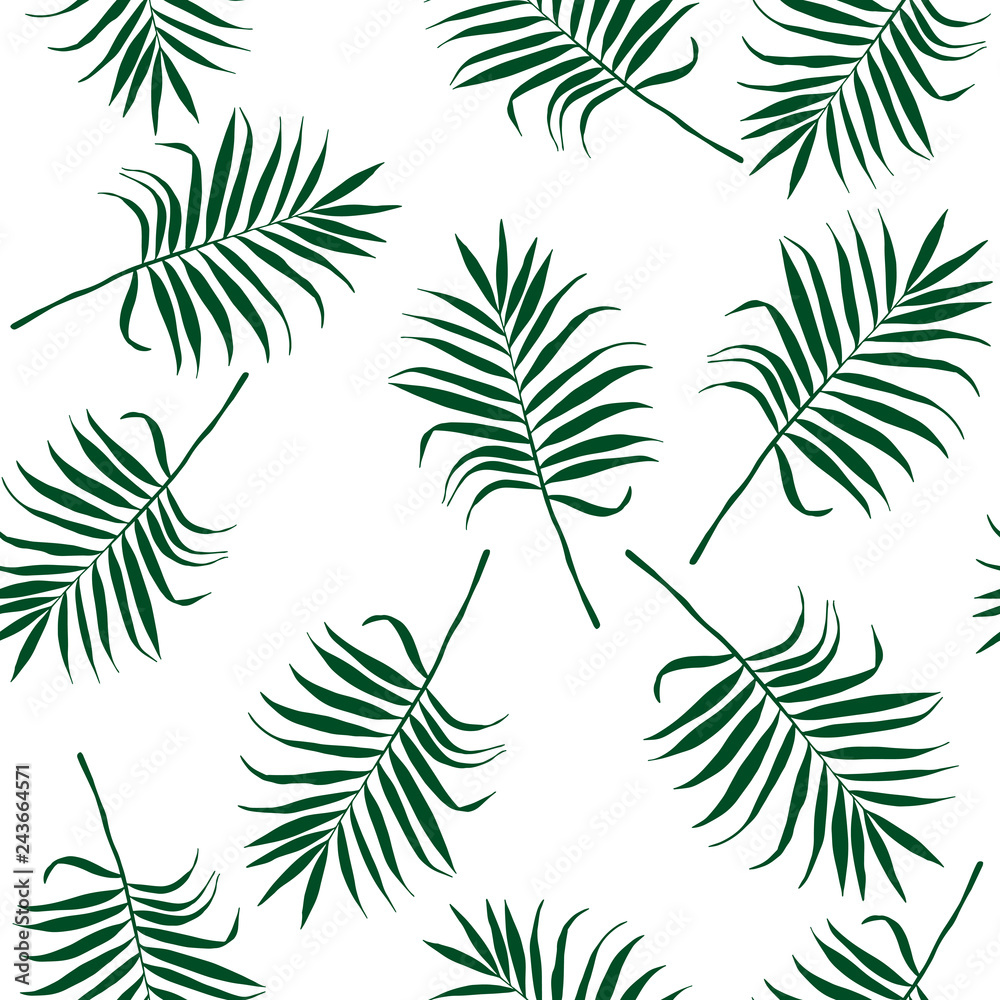 Jungle tropical seamless pattern. Hand-drawn green palm leaves on white background. Template for design, postcards, print, poster, party, template, summer background, textile. Vector.