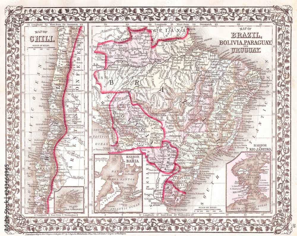 Obraz premium Old Map of South America, Brazil, Bolivia, Papaguay, Uruguay and Chili, 1874, Mitchell Map