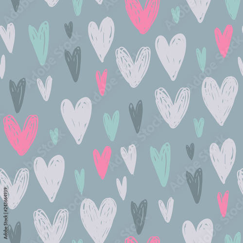 Vector seamless pattern with hand drawn hearts in sketch style.