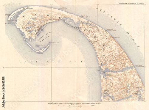 1908, U.S. Geological Survey Map of Provincetown, Cape Cod, Massachusetts