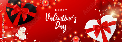 Saint Valentine's Day banner. Vector illustration with shining lights garland, realistic gift boxes, candles, ring box, lollipop and sparkling golden confetti. Holiday background, festive card.