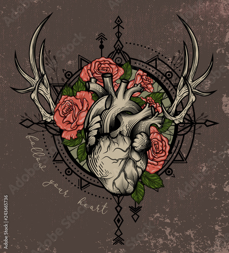 "Follow your heart" quote poster. Human heart in engraving technique with blooming roses, stag horns, wind rose on grunge background. Tattoo, tee shirt print design. Vector illustration.