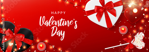 Saint Valentine's Day banner. Vector illustration with shining lights garland, realistic gift boxes, candles, ring box, lollipop and sparkling golden confetti. Holiday background, festive card.