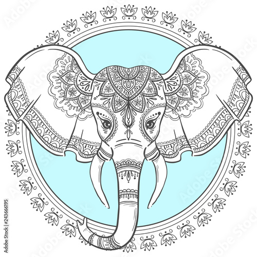 Abstract Indian elephant with mandala. Carved elephant. Stylized fantasy patterned elephant. Hand drawn vector illustration with traditional oriental floral elements.