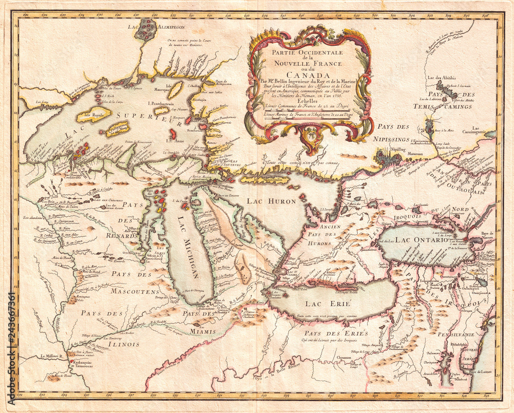 Obraz premium 1755, Bellin Map of the Great Lakes