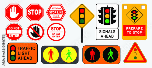 set of flat traffic light and stop sign. easy to modify