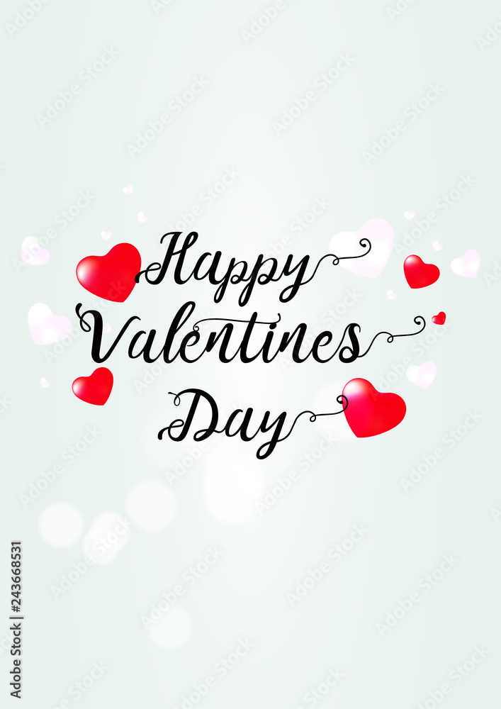 Happy Valentine's Day card with calligraphy text and red hearts. Vector illustration