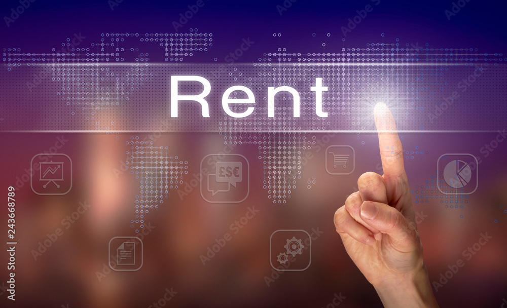 A hand selecting a Rent business concept on a clear screen with a colorful blurred background.