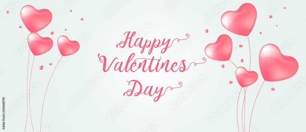 Happy Valentine's Day banner with calligraphy text and red baloon hearts. Vector illustration