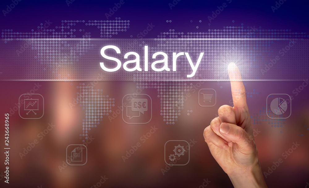 A hand selecting a Salary business concept on a clear screen with a colorful blurred background. A hand selecting a Salary business concept on a clear screen with a colorful blurred background.