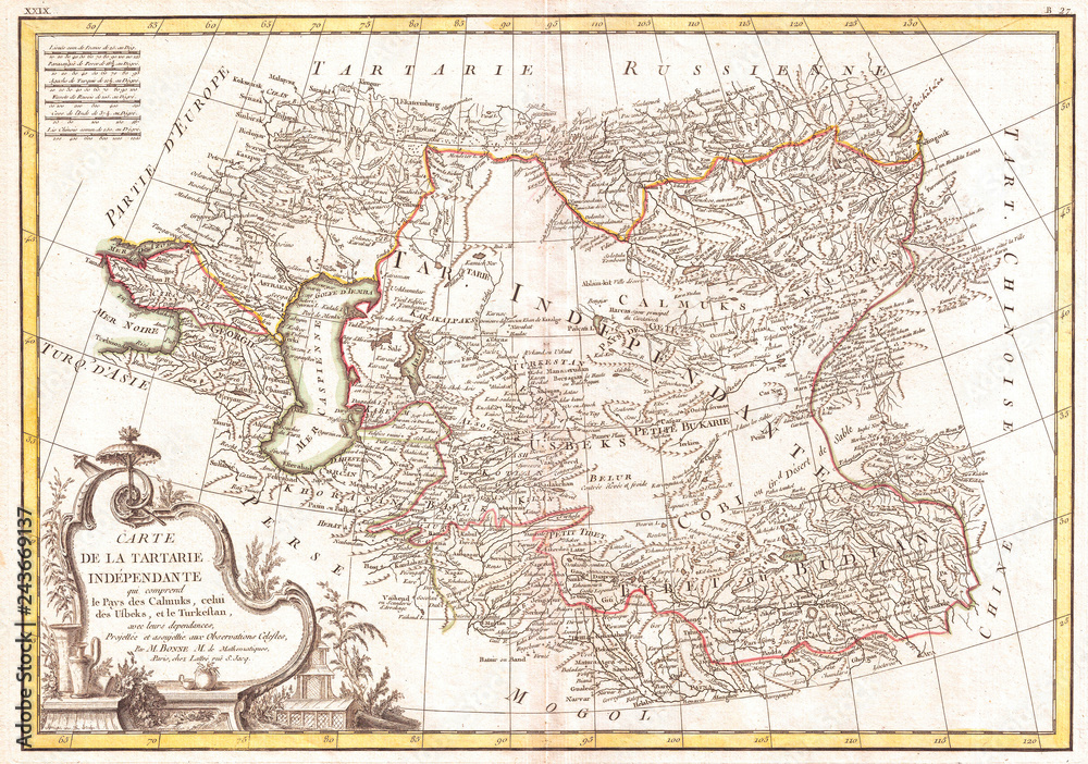 Obraz premium 1771, Bonne Mapa Azji Środkowej, Rigobert Bonne 1727 - 1794, jeden z najważniejszych kartografów końca XVIII wieku
