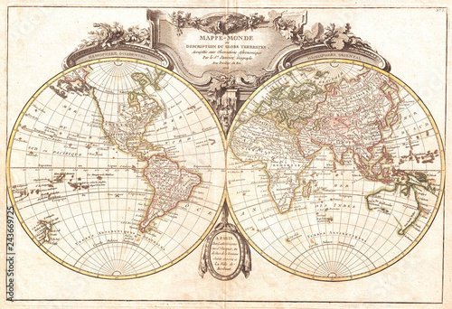 1775, Lattre and Janvier Map of the World on a Hemisphere Projection