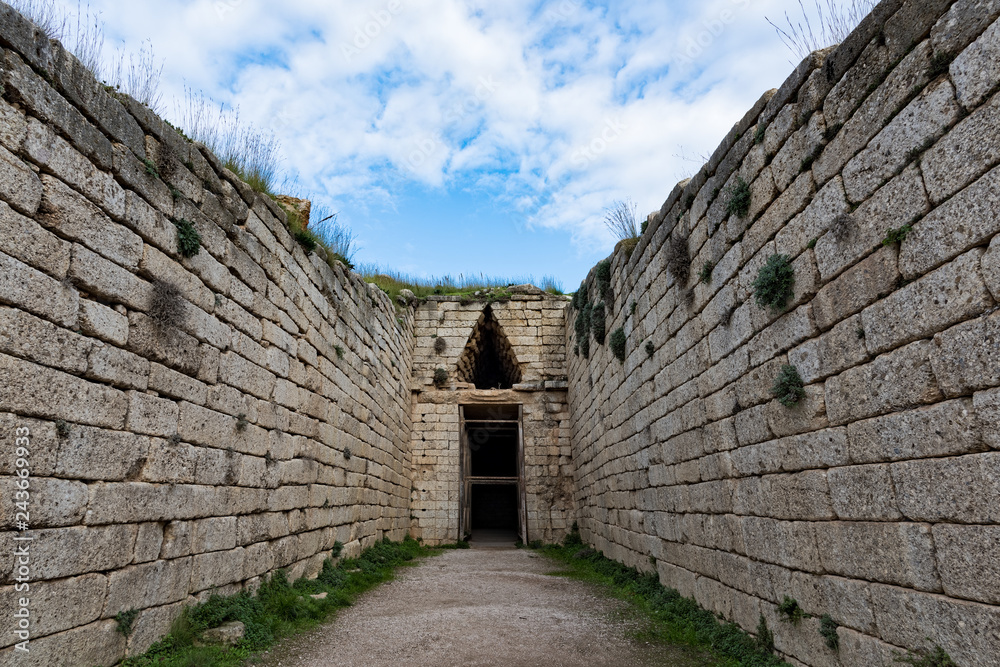 The entrance of the Tholos Tomb of Clytemnestra at the archaeological site of Mycenae in Peloponnese, Greece