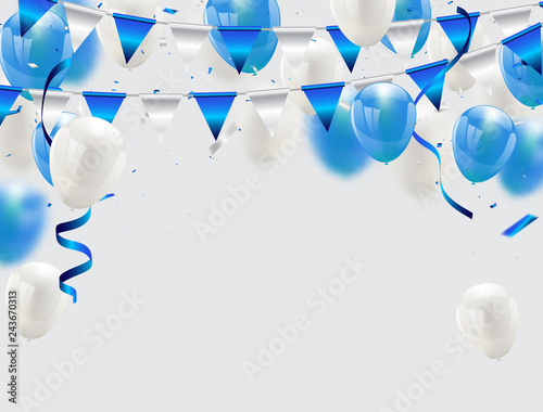 blue balloons, vector illustration. Confetti and ribbons, Celebration background