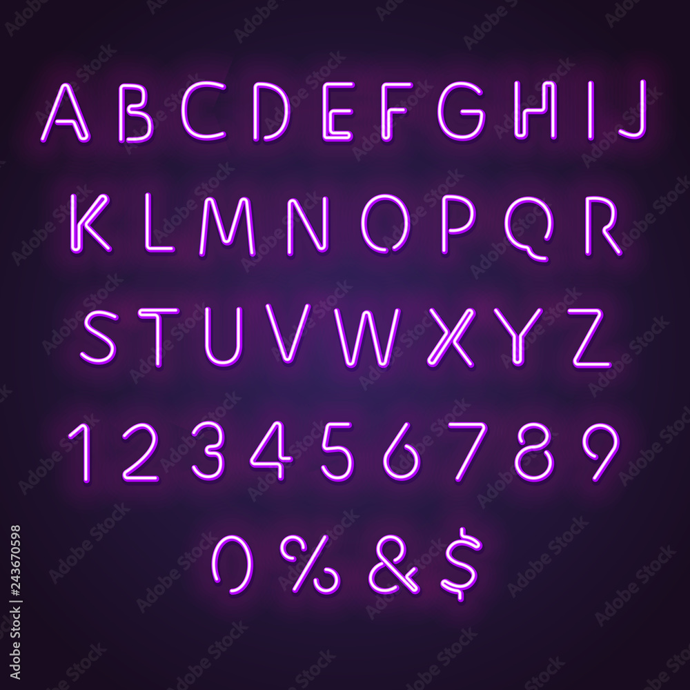 Alphabet neon sign. Glowing neon letters and numbers. Letters