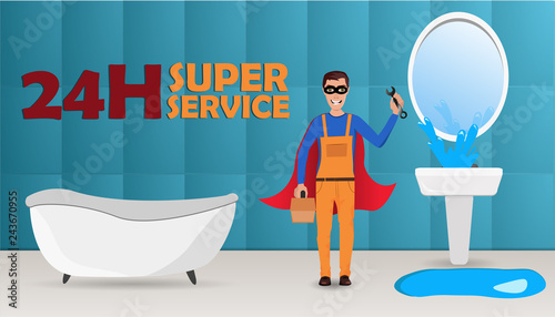 Master plumber in the bathroom repairs broken water tap with splashes of water. With blank free space.