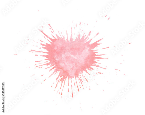 Hand painted watercolor splash texture in shape of heart. Pink paint blob isolated on the white background for cards or Valentine’s Day postcards.