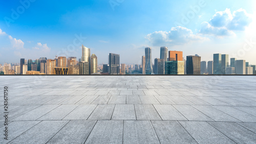 Empty square floor and city skyline in hangzhou,high angle view