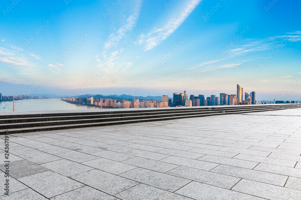Empty floor and city skyline in hangzhou,high angle view
